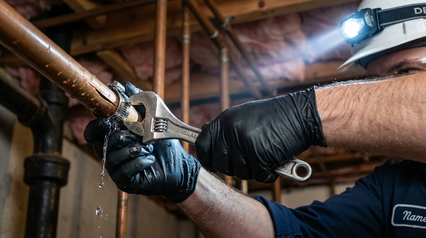 Emergency pipe clamp repair being performed by a Johns Plumbing LLC plumber in Lovejoy