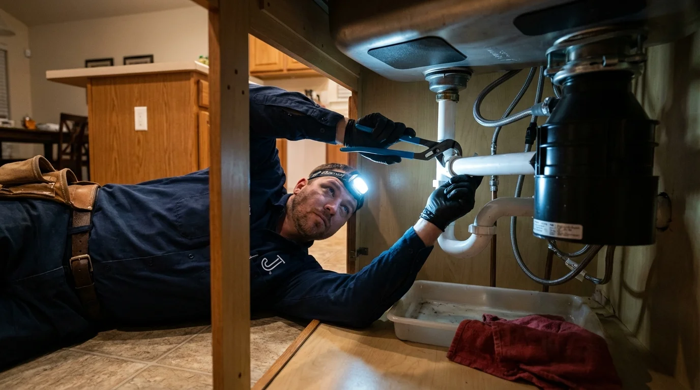 P-trap and supply line connections under a kitchen sink showing a common leak point in Lovejoy, GA